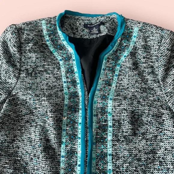 Women’s Boston Proper Tweed Blazer Turquoise Color Sequin Beaded Trim Size 8 - Picture 5 of 11